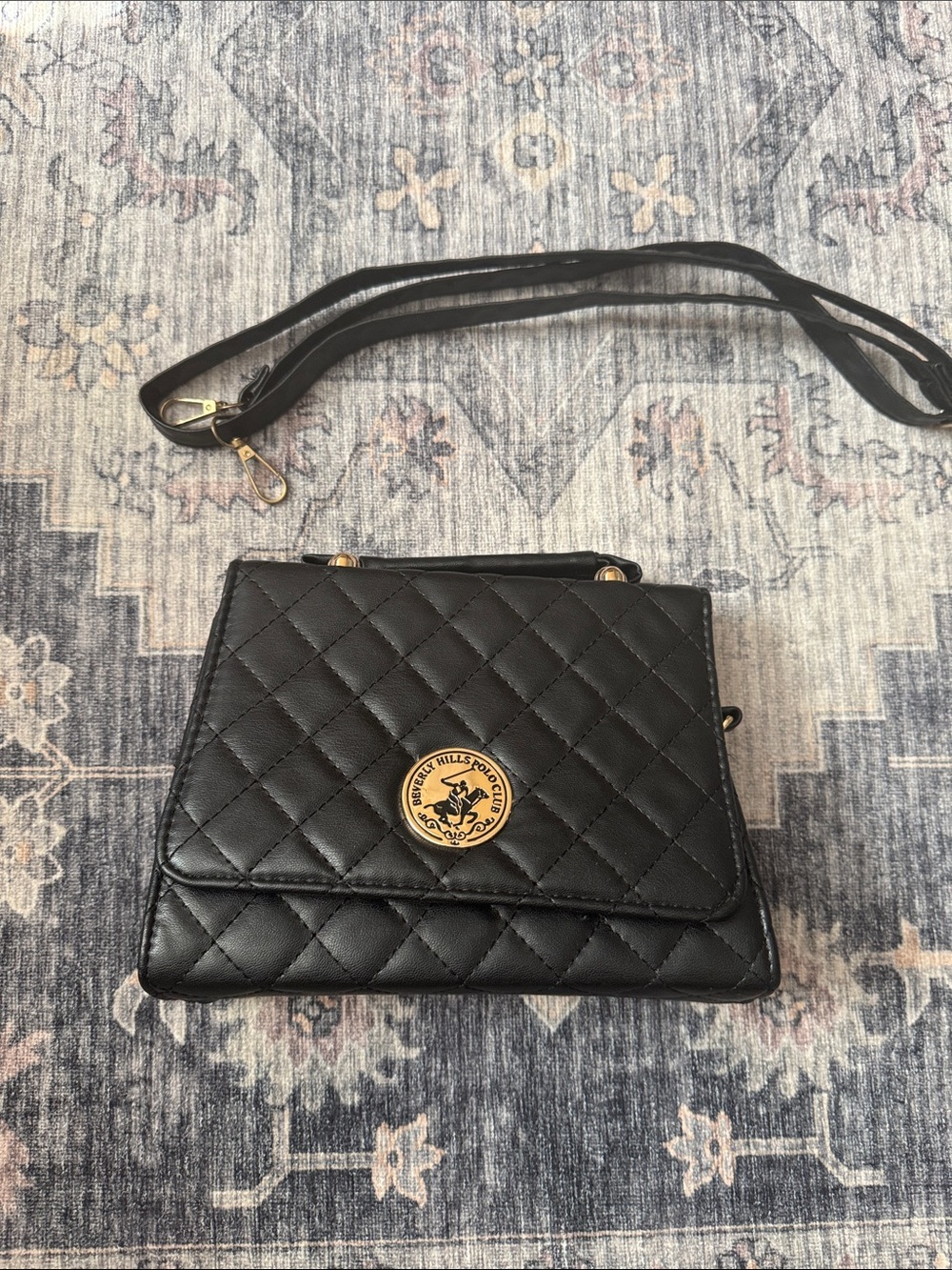 Beverly Hills Polo Club Quilted Black Crossbody with Gold Medallion